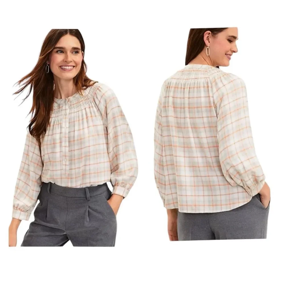 LOFT Plaid Smocked Henley Top Blouse Cream Gray Orange Women's, Size M